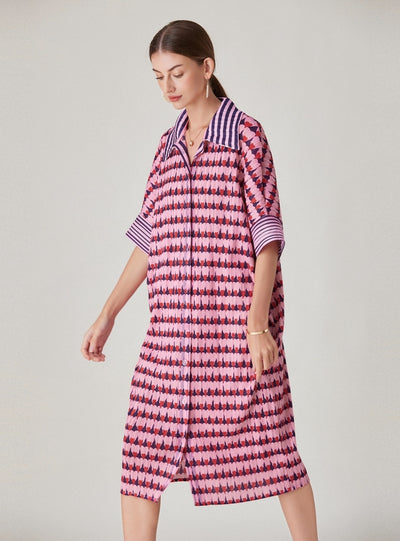 Printed Pleated Single-breasted Long Dress