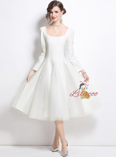 Square Neck Puff Sleeve Stitching Mesh Dress