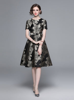 Retro Black Gold Printed Short-sleeved Dress