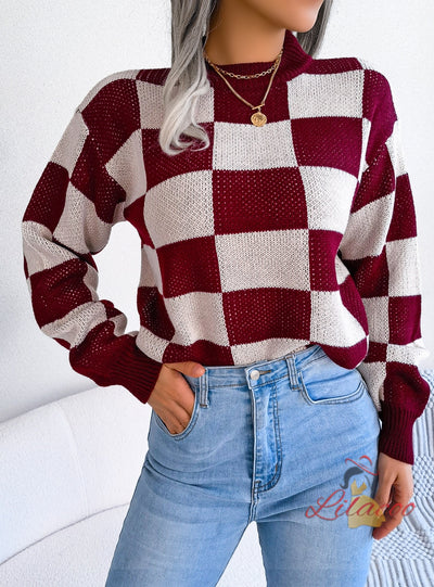 Contrast Check Long Sleeve Knitted Sweater