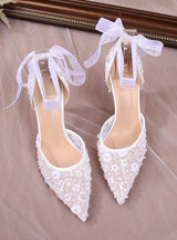 White Lace Sequins Pointed Sandals