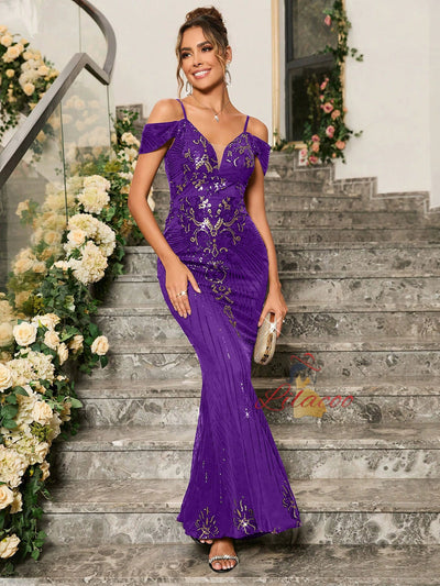 Purple Mermaid Sequins Straps Party Dress