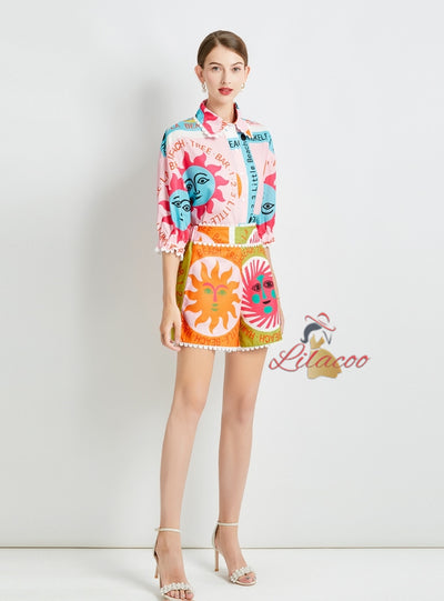 Sun Printed Loose Short-sleeved Shirt and Shorts Suit