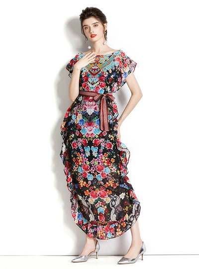 Printed Chiffon Ruffled Retro Dress