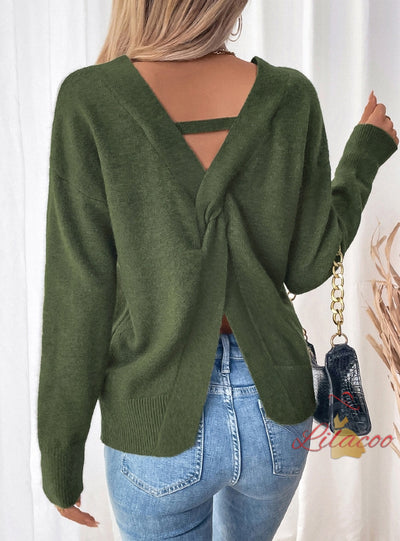 Loose V-neck Open-backed Split Sweater