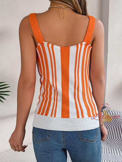 V-neck Button Contrast Hollow Suspender Top