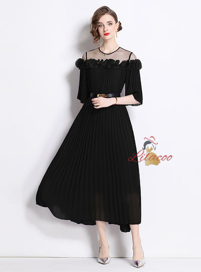 Mesh Stitching Three-dimensional Petal Pleated Dress