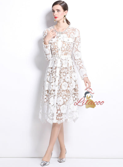 Lace Heavy Industry Beaded Short Sleeve Lapel Slim Dress