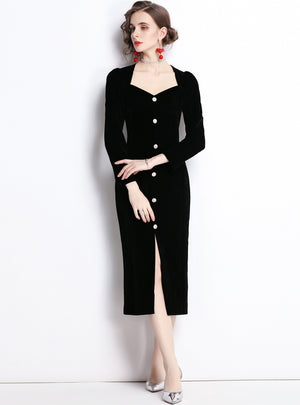 Velvet Long Sleeve Split Party Dress