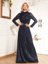 Navy Blue Sequins Long Sleeve Prom Dress