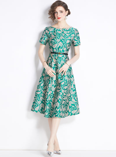 Retro Jacquard Silm Waist Dress