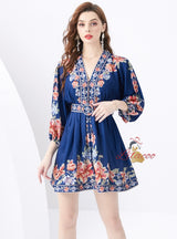 Palace Wind Lantern Sleeve Printed Mini Dress