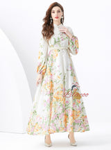 Retro Stand-up Collar Single-breasted Printed Long Dress