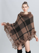 Round Neck Plaid Fur Ball Pullover Cloak Shawl