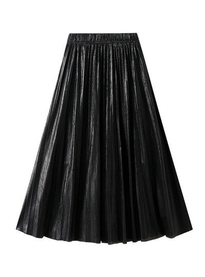 Metallic Bright Silk Long Pleated Skirt