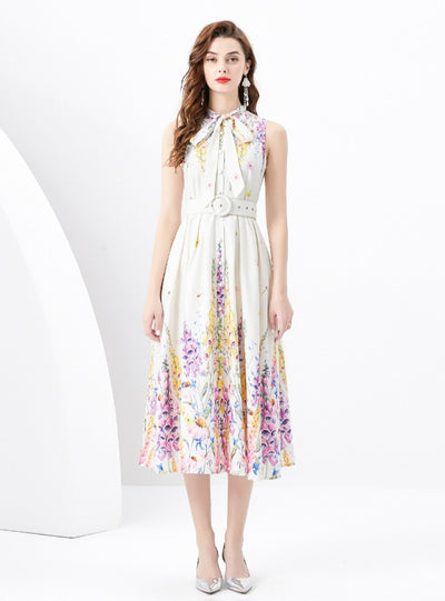 Ribbon Sleeveless Retro Print Dress