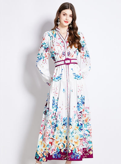 Retro Printed Shirt Lantern Long Sleeve Dress