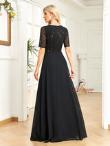 Black Short Sleeve Sequins Prom Dress