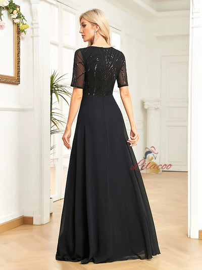 Black Short Sleeve Sequins Prom Dress