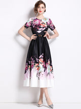 Printed Hepburn Round Neck Short Sleeve Dress with Belt