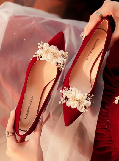 Short Heel Suede Pointed Red Wedding Shoes