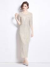 Sexy Round Neck Slim Gauze Rhinestone Dress