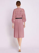 Lace Crocheted Openwork Pleated Dress with Belt