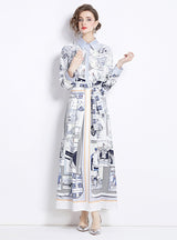 Retro Printed Lapel Long Sleeve Dress