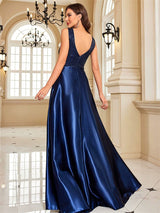 Deep V-neck Satin Sequins Prom Dress