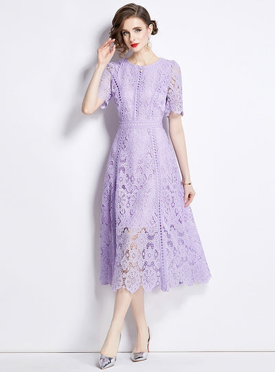 Retro Round Neck Lotus Leaf Sleeve Lace Dress