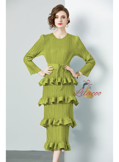 Ruffled Pleated Long Sleeve Slim Dress