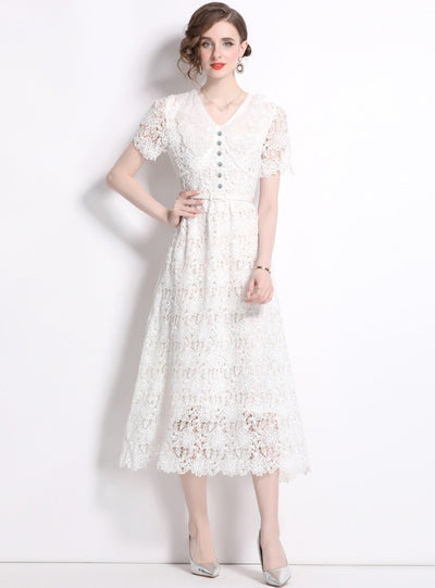 Women Lace Short Sleeve Doll Collar Dress