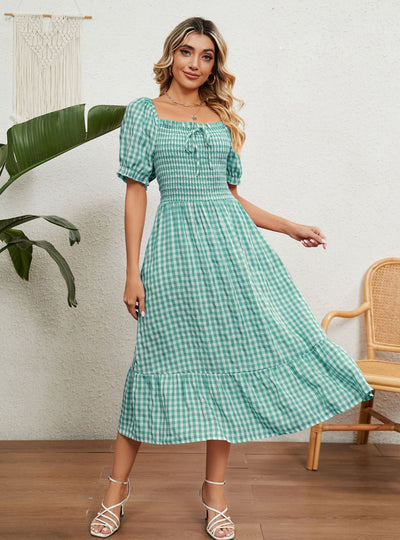 Pleated Short Sleeve Square Neck Plaid Dress