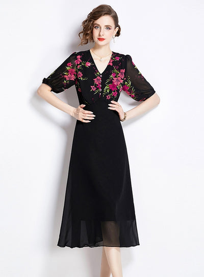 Retro Slim V-neck Print Short Sleeve Dress