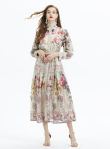 Lantern Sleeve Printed Ruffled Chiffon Two-piece Set