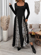 Leopard Print Stitching Retro High Waist Long Sleeve Dress