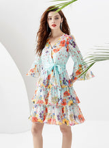 Printed Ruffled Short Flared Sleeve Dress