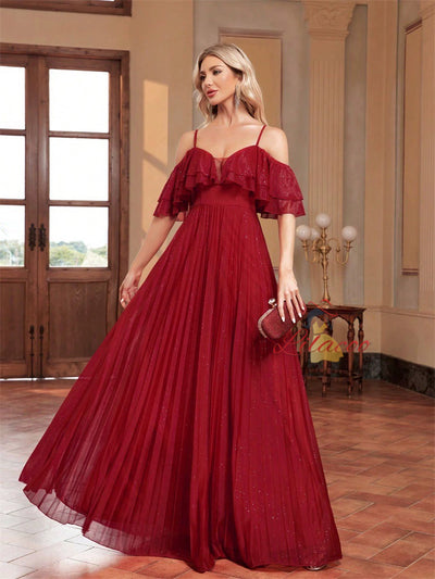 Red Spaghetti Straps Pleats Prom Dress