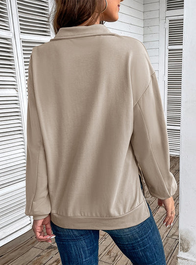 Lapel Long Sleeve Zipper Loose Casual T-shirt