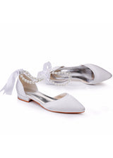 2 cm Flat-heeled Pointed White Satin Beaded Sandals