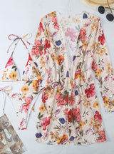 Flower Print Blouses Beach Swimsuit Three-piece Suit