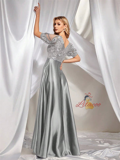 Gray Short Sleeve Lace Prom Dress