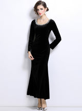 Velvet Retro Black Slim Long Sleeve Dress