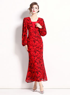 Red Long Sleeve Print Dress