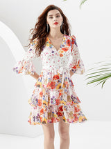 Printed Ruffled Short Flared Sleeve Dress