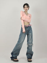 Women Holes Wide-leg Jeans