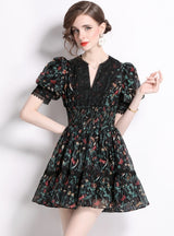 Vintage Printed V-neck Lace Slim Dress