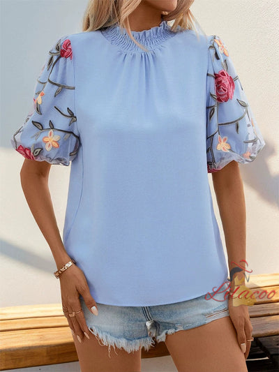 Embroidered Gauze Spliced Lantern Sleeve Shirt