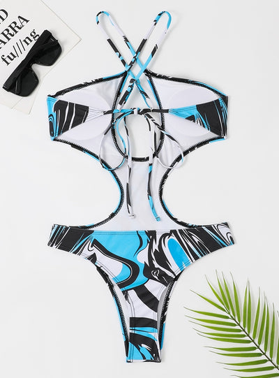 One-piece Triangular Printed Lace Up Bikini