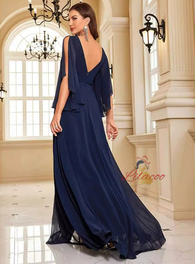 Navy Blue Chiffon Short Sleeve Prom Dress